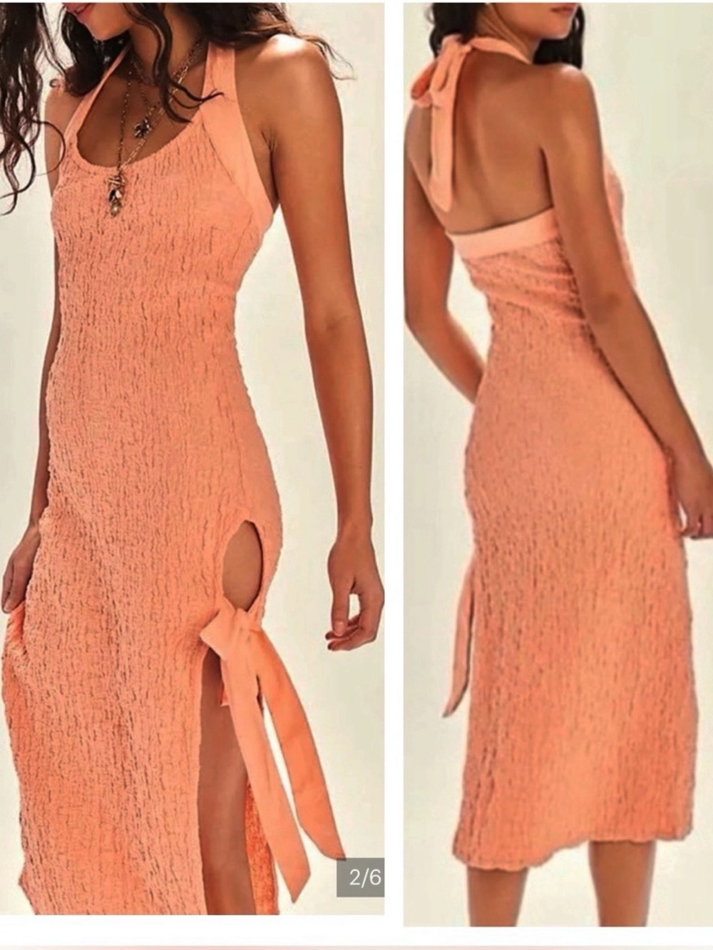 FREE PEOPLE SEAFOAM TEXTURED MIDI HALTER DRESS PEACH MEDIUM